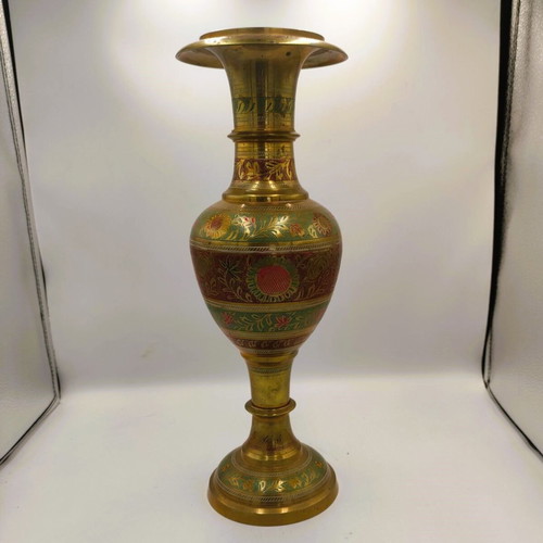 Vintage large 42 cm brass vase handmade with colorful Meenakari enamel like new