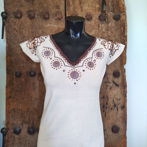 Vintage Y2K knit top with sequin and beaded ethnic embroidery, used