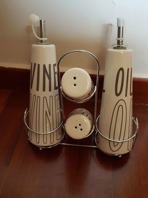 Oil vinegar salt pepper set used, ecru porcelain with metal stand