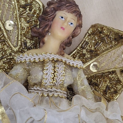 White hanging angel with gold wings, porcelain body