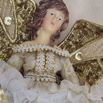 White hanging angel with gold wings, porcelain body