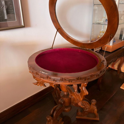 Handcrafted carved wooden coffee table with display case
