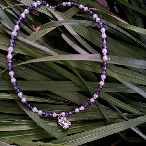 Handmade necklace with artificial pearls and beads in dark purple and grayish blue
