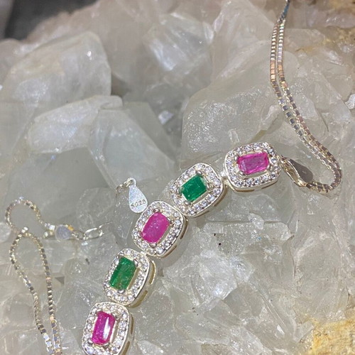 Handmade silver bracelet with natural emerald, ruby and moissanite, new