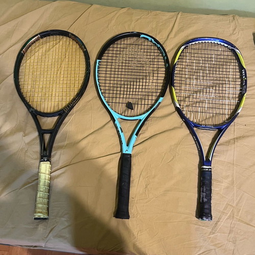 Tennis rackets used, set of 3 with 2 cases