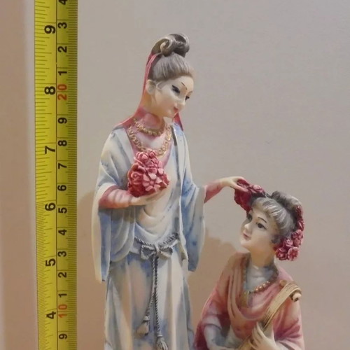 Chinese mother with daughter old small porcelain decorative statue on wooden base used