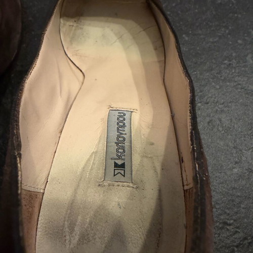 Kalogirou dark brown suede heeled loafers used with metal buckle and fringe size 38.5