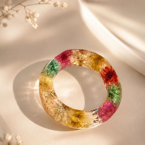 Handmade Resin Ring "Rainbow Garden" with Real Dried Flowers