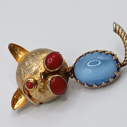 Vintage Jelly Belly Cat Brooch used, mid century 1960, gold with blue cabochon