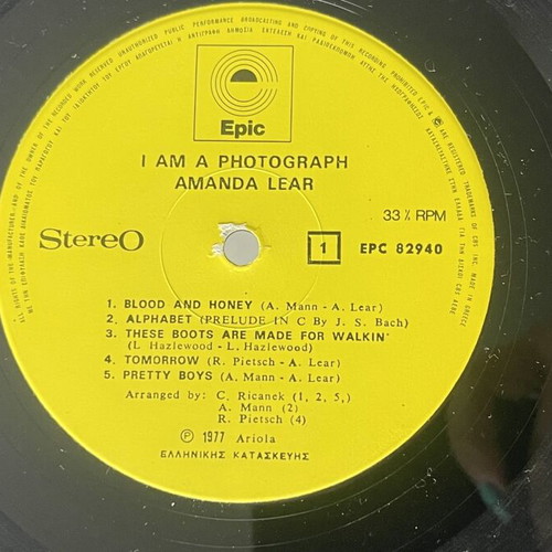 Amanda Lear I Am a Photograph LP 1977 Greek pressing used