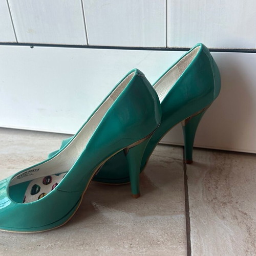 Miss Sixty turquoise patent leather peep-toe heels size 38