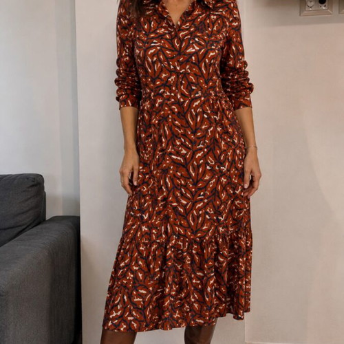 Namaste dress small, brown and red leaf pattern