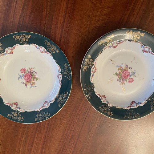 Vintage Scherzer Bavaria Deep Porcelain Plates Pair like new, emerald floral