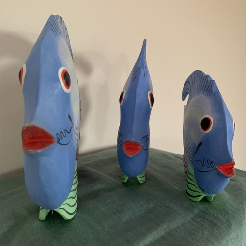 Decorative wooden fish set new, hand-painted tropical wood