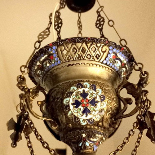 Silver-plated lamp used with cloisonné details, 50 years old