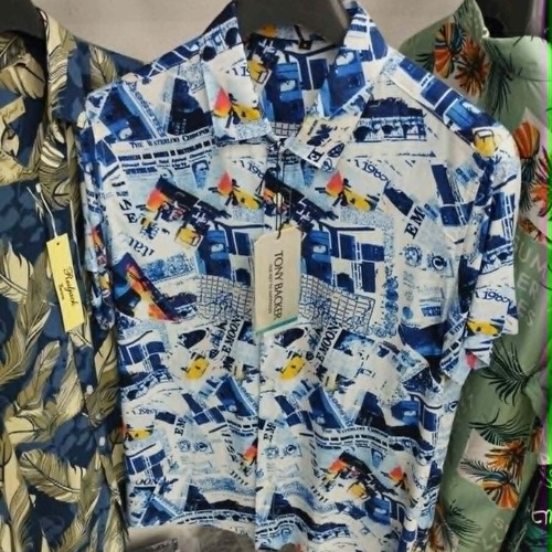 Men's short-sleeve printed shirt P2553, new, blue with orange shades