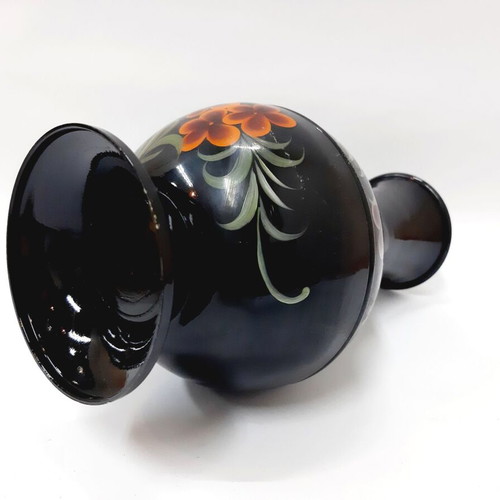 Vintage Korean Black Enamel Vase Steel Inlaid Flowers 23 cm