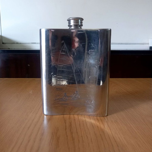 Wentworth Pewterers vintage hip flask with sailing ship design