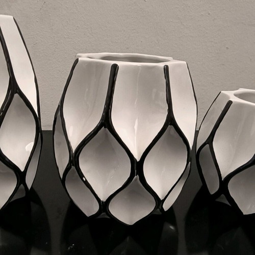 Modern vases used, set of 3, white and black color