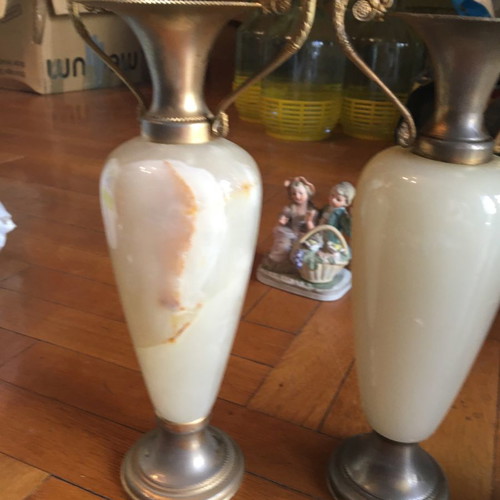 Set of 3 alabaster amphora vases used with gilded handles