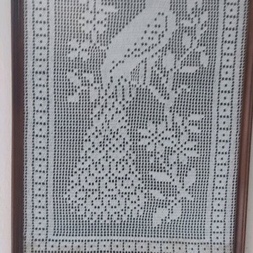 Knitted painting with handmade peacock in wooden frame and glass like new