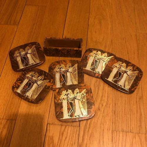 Leather Coasters Egypt vintage like new with gold print