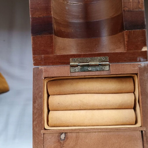 Wooden jewelry box with clock used, brown
