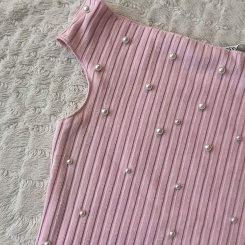 Zara Pink Ribbed Top with Pearl Details Size S Like New
