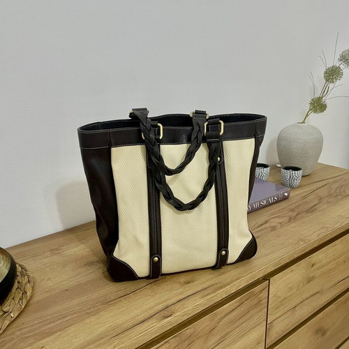 Massimo Dutti leather and cotton tote bag, dark brown and ecru