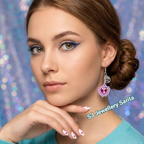 Sarita earrings new with pink Swarovski heart, tree of life and lavender pearls