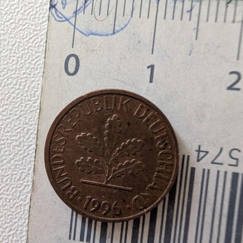 German 1 Pfennig Coin used, 1996 oak branch design