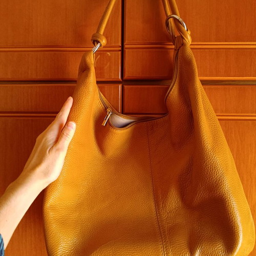 Leather shoulder bag used, brown tan with fabric lining