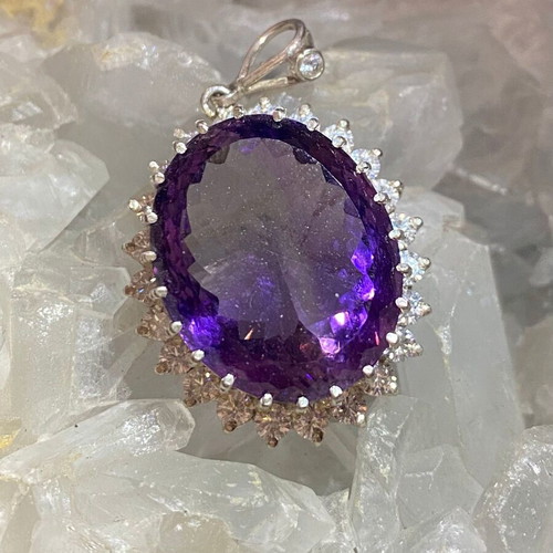 Silver pendant with large cut natural amethyst stone and moissanites, new