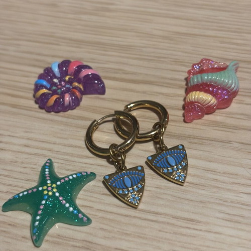 Hoop earrings with blue eye charm, like new, boho summer style