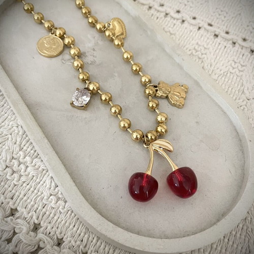 Cherry necklace new, stainless steel, red and gold