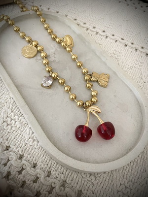 Cherry necklace new, stainless steel, red and gold
