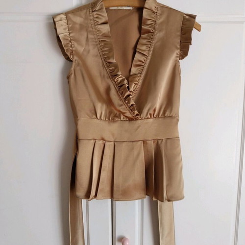 Ysatis satin blouse gold like new, elastic waist