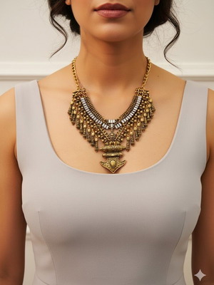 Ethnic necklace gold with white stones like new