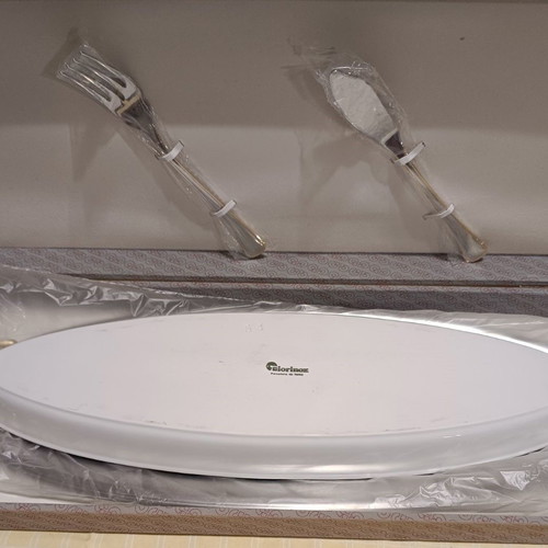 Giorinox serving platter set used, inox and porcelain