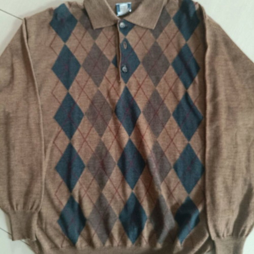 Men's blouse with collar brown diamonds, 50% merino wool, like new, size L