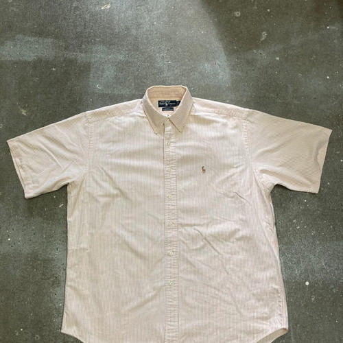 Ralph Lauren Short Sleeve Oxford Shirt L, beige white pinstripe, cotton