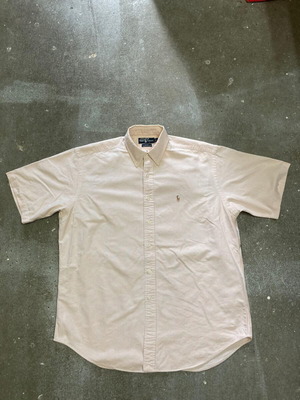 Ralph Lauren Short Sleeve Oxford Shirt L, beige white pinstripe, cotton