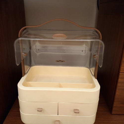 Cosmetics Organizer new with transparent cover and drawers, beige and brown