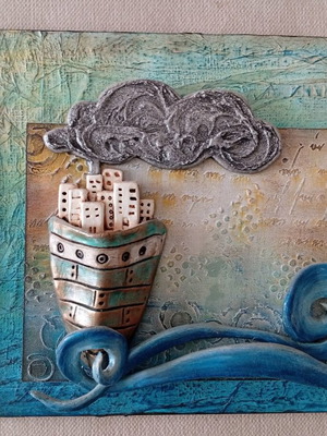 Handmade 3D mixed media painting with clay and wood new