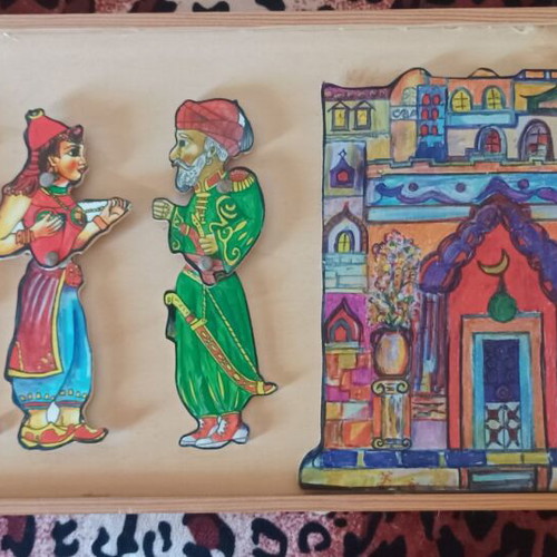 Karagiozis Shadow Puppet Figures Set like new on Wooden Frame