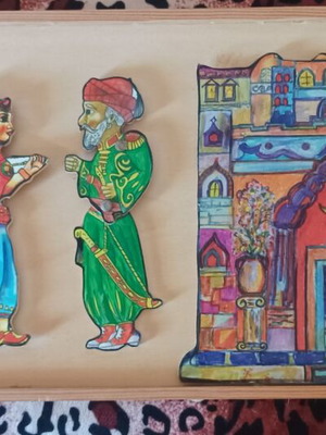 Karagiozis Shadow Puppet Figures Set like new on Wooden Frame