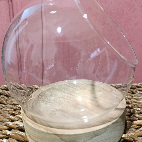 Glass Sphere with Wooden Base used, minimal natural elegance
