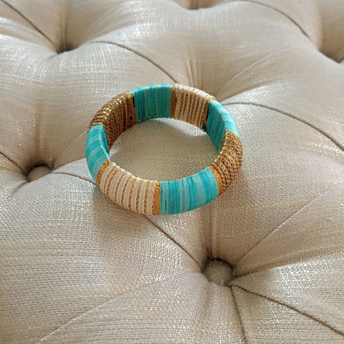 Boho chic thread-wrapped bangle like new, turquoise and gold
