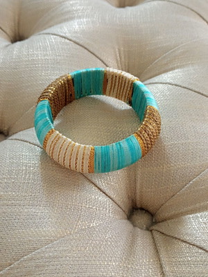 Boho chic thread-wrapped bangle like new, turquoise and gold