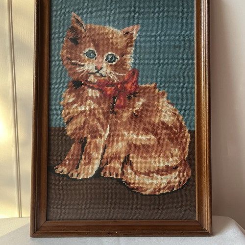 Vintage Handmade Needlepoint Embroidery Framed Cat with Bow used